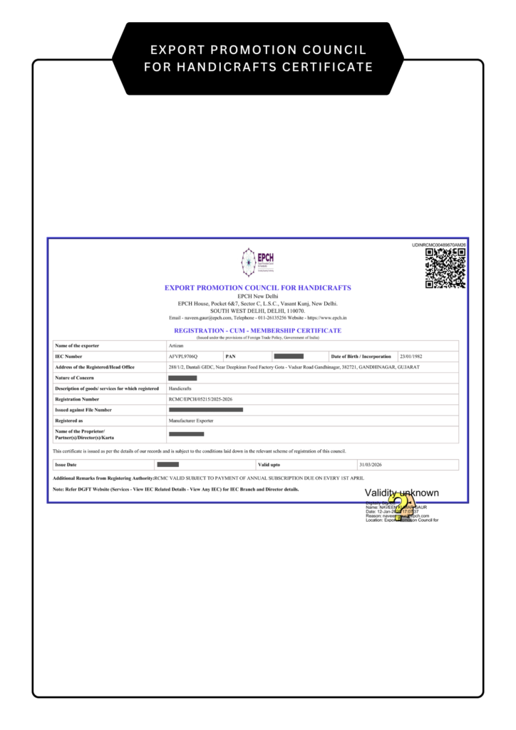 Artizan EPCH Certificate