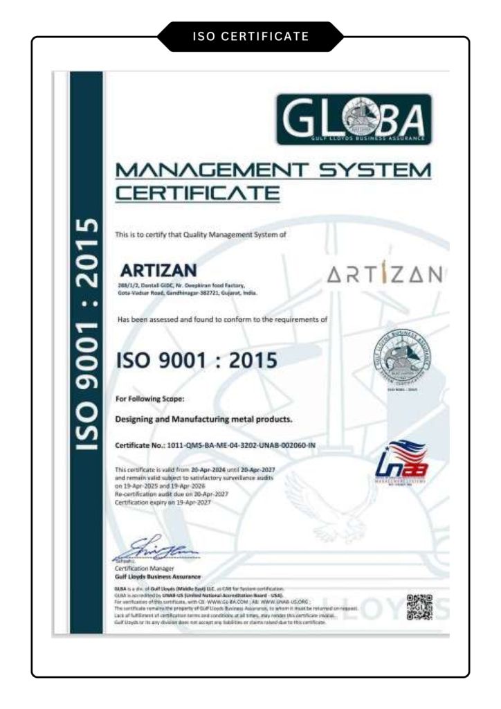 Artizan ISO Certificate